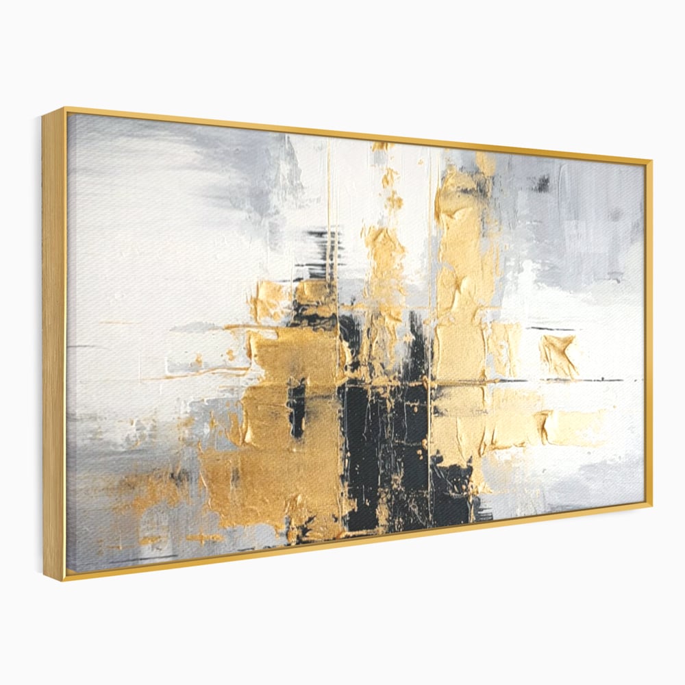 Tablou canvas cu pictura abstracta cu auriu si negru, in rama de aluminiu auriu